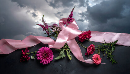 Dramatic floral arrangement with a pink ribbon under a stormy sky.