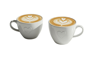 Two ceramic cups with latte art hearts isolated background white