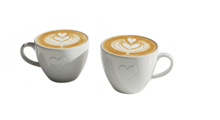 Two ceramic cups with latte art hearts isolated background white
