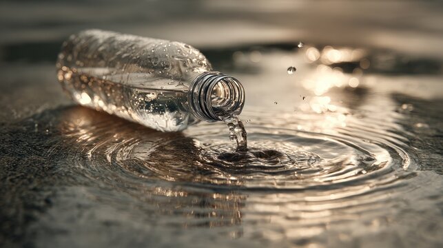 Spilling Water Bottle: A close-up captures a transparent bottle as it tips over, its contents spilling into a pool, the water reflecting the ambient light. A symbol of purity, hydration.