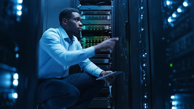 Black Man Crouched Inspecting Data Server Array Holding Tablet in Blue Lighting