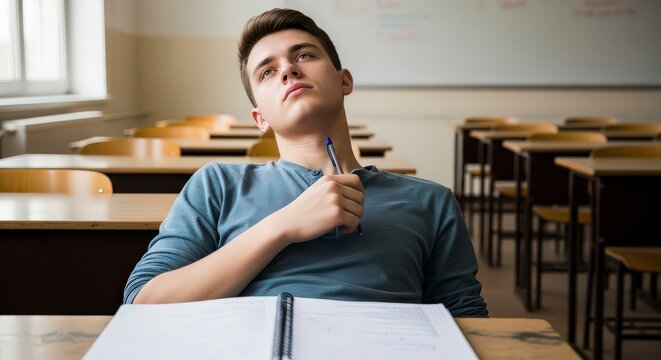 Young student looking up and thinking in a classroom
