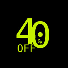 Stylized 40% off label with green text on a black background