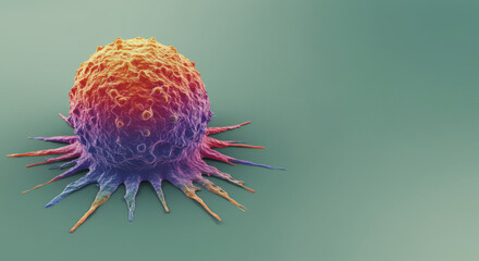 Rendered illustration of a vibrant cancer cell in close up view. Oncology research and medical education concept.