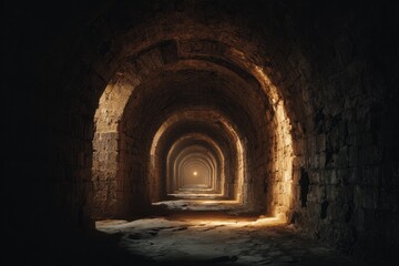 Fototapeta premium Mysterious Ancient Stone Tunnel With Golden Light At The End