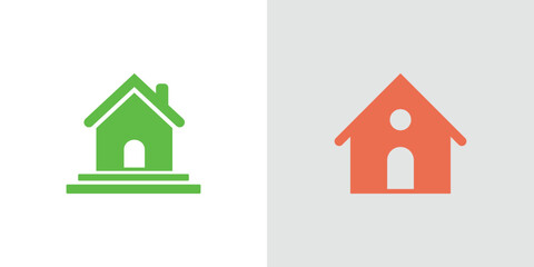 Green House with Steps and Red House with Circle on Light Gray Background Icon