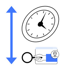 Clock representing time, magnifying glass over user profile on a webpage, and directional arrow indicating growth. Ideal for productivity, time tracking, search, optimization, planning, improvement