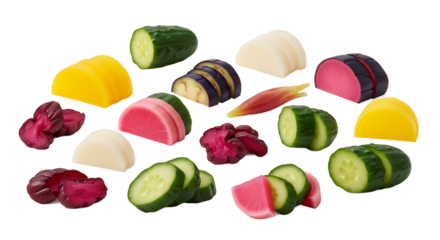 Colorful Vegetable Slices on White Surface, Food Photography, Artistic Presentation, Studio Environment