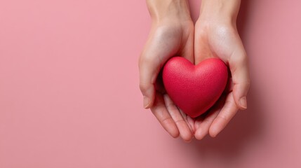 Fototapeta premium Empathy and Love: A close-up view of gentle hands cradling a vibrant heart symbol. The scene evokes a sense of care, compassion, and unconditional love, with the heart resting delicately in the palms.