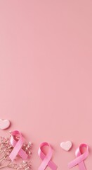 Pink ribbon, heart and flowers on pink background. Breast cancer awareness month concept. Medical campaign symbol for support and health.