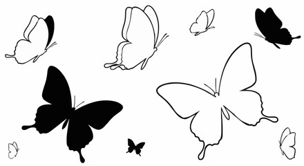 Modern minimalist butterfly silhouettes, flat vector illustration, monochrome color scheme, clean outline, negative space composition, isolated on white