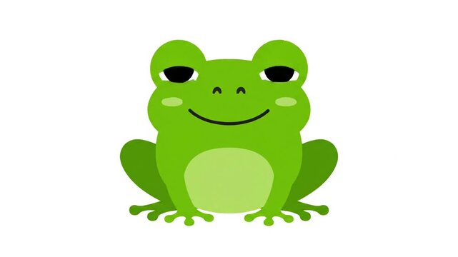 Cute Green Frog Smiling on White Background, Cartoon Style