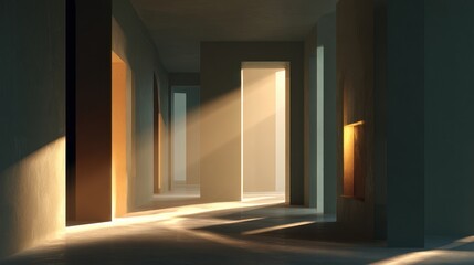 Sunlight Streaming Through an Architectural Hallway Creating Dramatic Shadows and Light Patterns