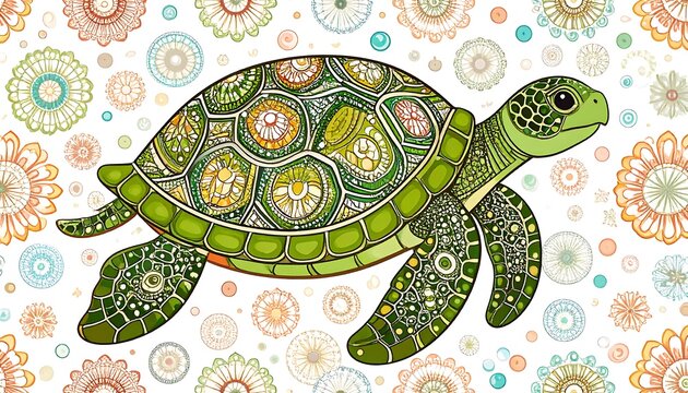 Colorful Turtle Design with Floral Background.