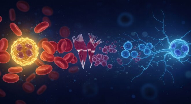 Microscopic view of various human cells including red blood, muscle, cancer, and neuron cells, for medical education and scientific research concept.