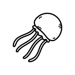 Simple Outline Drawing of a Jellyfish with Trailing Tentacles Isolated on a White Background