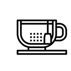 Simple Outline Icon of a Clear Glass Tea Cup with Tea Bag Steeping on a Saucer Against a White Background