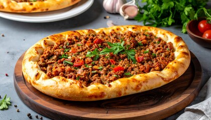 A delicious, freshly baked, savory Turkish pide with a rich filling of spiced ground meat, garnished with parsley, displayed on a wooden platter.