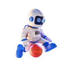 Astronaut cartoon character wearing a white and blue spacesuit playing basketball with a orange basketball on a transparent background isolated with cinematic lighting