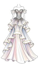 Obraz premium Stunning ball gown sketch with lace bodice and cascading ruffles for design