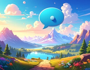 Colorful Mountain Valley Landscape with Speech Bubble.