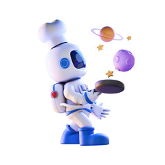 Astronaut chef wearing white chef hat and suit juggling a frying pan with planets and stars in the background in a dark cosmic setting with blue and purple lighting