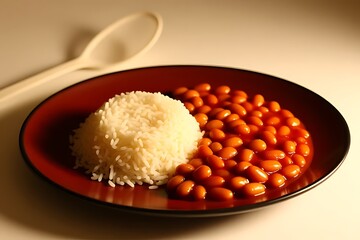 Beninese Atassi isolated on a deep oval plate, fluffy rice and beans mix with red tomato sauce