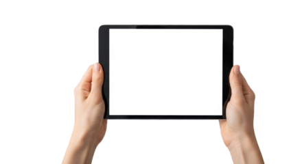 Hands holding digital tablet with blank white screen, isolated on transparent background