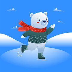 Cute Polar Bear Ice Skating on Frozen Lake – Flat Winter Vector Illustration