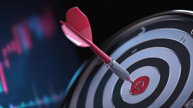 Red dart bullseye target hitting center precision success finance stock chart red dramatic lighting bokeh focus and goal achievement accuracy trading