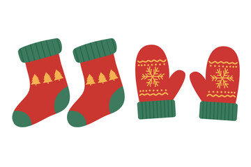 Christmas socks and mittens element set. Suitable for clip art, stickers, flat design illustration, etc