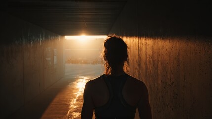 Athletic Woman Walks Towards Bright Sunlight Out of Dark Tunnel Warm Glow on Wet Ground