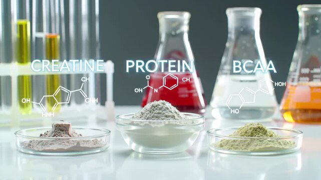Supplement Powders with Clear Glassware and Chemical Structures on Gray Backdrop