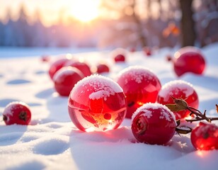 Red Ornaments in Snowy Landscape.