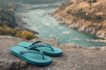 Obraz premium A pair of vibrant turquoise flip-flops rests casually on a textured, sun-drenched rock formation, creating a focal point in the foreground. The background, softly blurred, reveals a breathtaking, expa