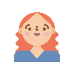 Simple pixelated avatar illustration of a smiling woman with wavy red hair and rosy cheeks wearing a blue v-neck top against a transparent background