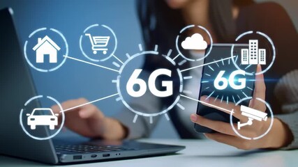 Woman in Business Attire Using Laptop and Smartphone with 6G Technology Icons - Powered by Adobe