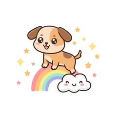 Fototapeta premium A cartoon puppy stands on a rainbow with a smiling cloud below