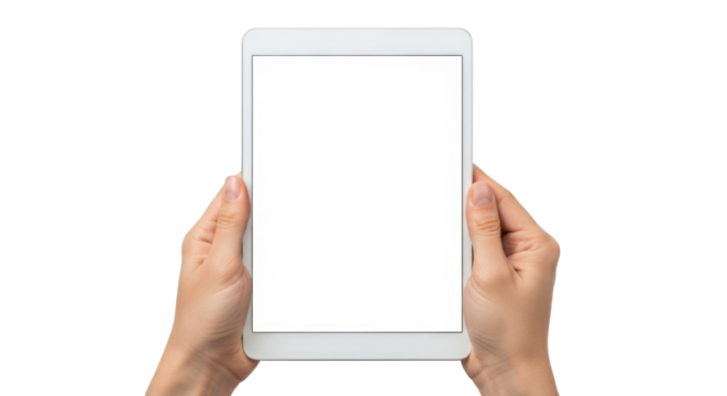 Hands holding digital tablet with blank white screen, isolated on transparent background