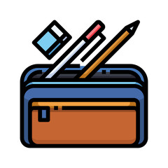 Blue Pencil Case with Orange Pocket Filled With Pens Eraser and Pencil On A Transparent Background