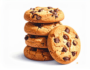 Chocolate chip cookie stack with one cookie leaning on side, showing crunchy texture and rich chocolate chips, evoking warm and inviting feeling of homemade treats