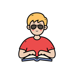 Blonde Haired Boy Wearing Sunglasses and Red T Shirt Reading a Book with Black Outline and Transparent Background