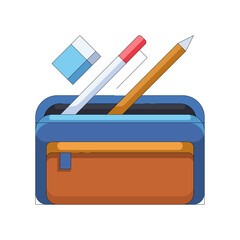 Blue And Orange Pencil Case With Eraser Pencil And Pen For Back To School Supplies Isolated On White Background