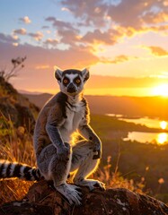 Obraz premium Ring-tailed Lemur at Sunset Overlooking a Valley.