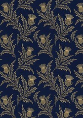Detailed thistle pattern with golden accents on a deep blue backdrop