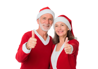 Joyful elderly couple in santa attire giving thumbs up for festive christmas celebration