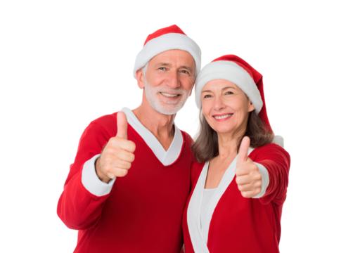 Joyful elderly couple in santa attire giving thumbs up for festive christmas celebration - Powered by Adobe