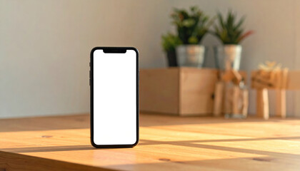 Smartphone blank screen wooden table indoor sunlight plant minimal modern technology digital device