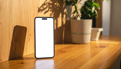 Smartphone with blank screen standing on wooden surface near potted plants in warm sunlight, creating cozy and natural atmosphere