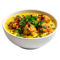 Transparent Png of a Bowl of Creamy Yellow Curry with Golden Fried Dumplings, Garnished with Fresh Green Herbs and Red Spices